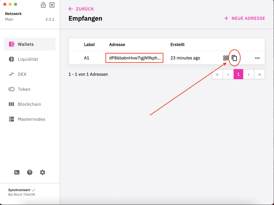 Copy the DFI address to which you want to read the private key